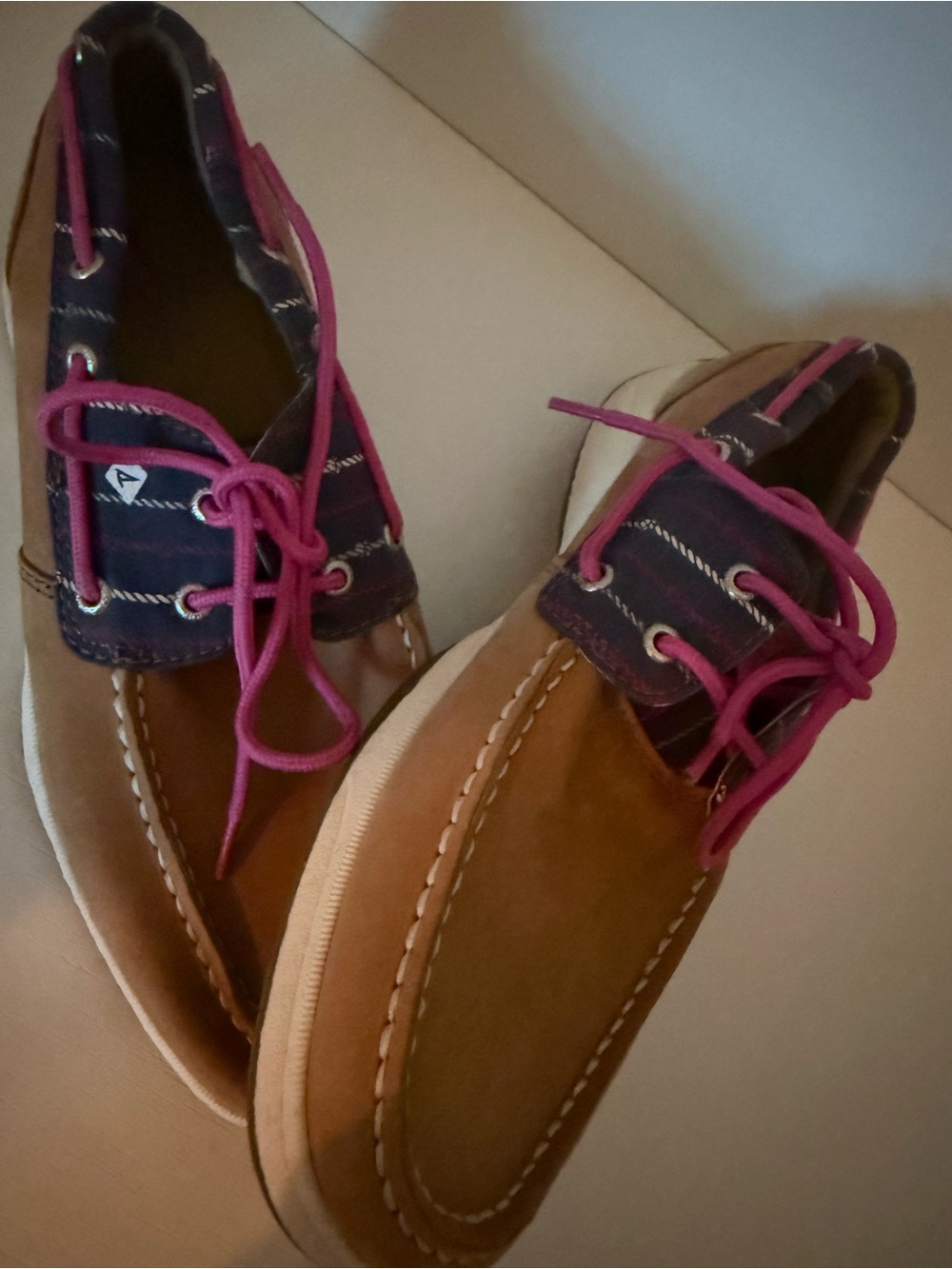 Sperry Two-Tone Tan and Navy Moccasins with Pink Laces